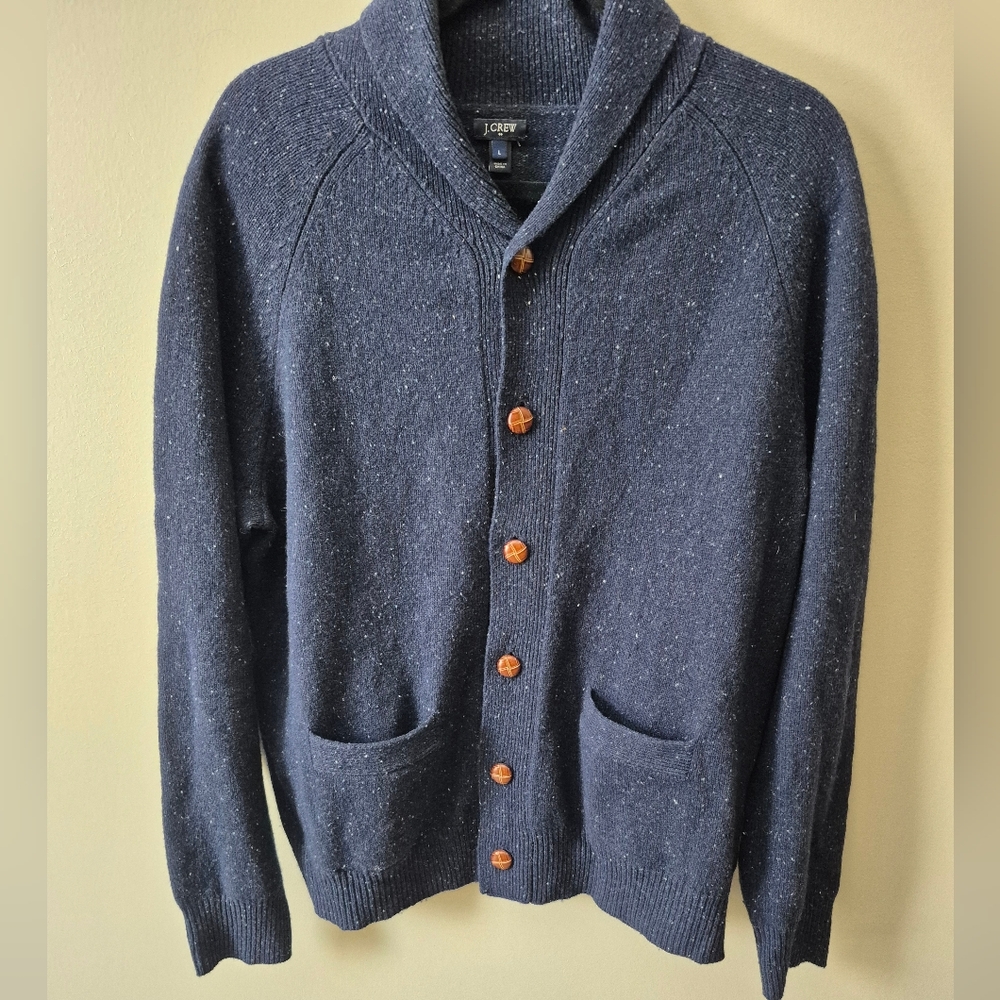 J Crew navy blue cardigan knit sweater with shawl collar Large L